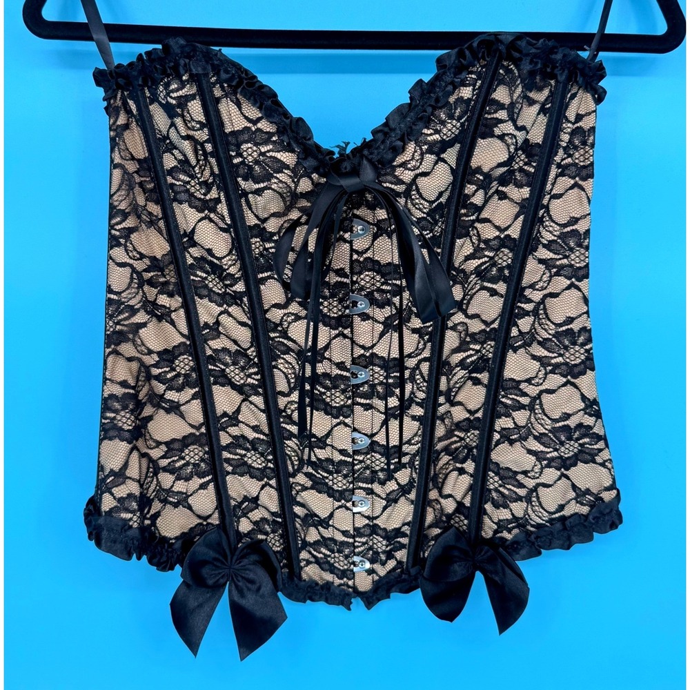 PEN.NY Black Lace Corset Tan Lined Boned Ribbon Bows Size S Ren Fair Festival